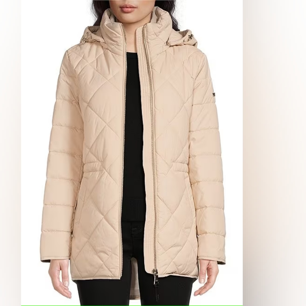 DKNY Long Sleeve Quilted Water Resistant Detachable Hooded Zip Front Coat